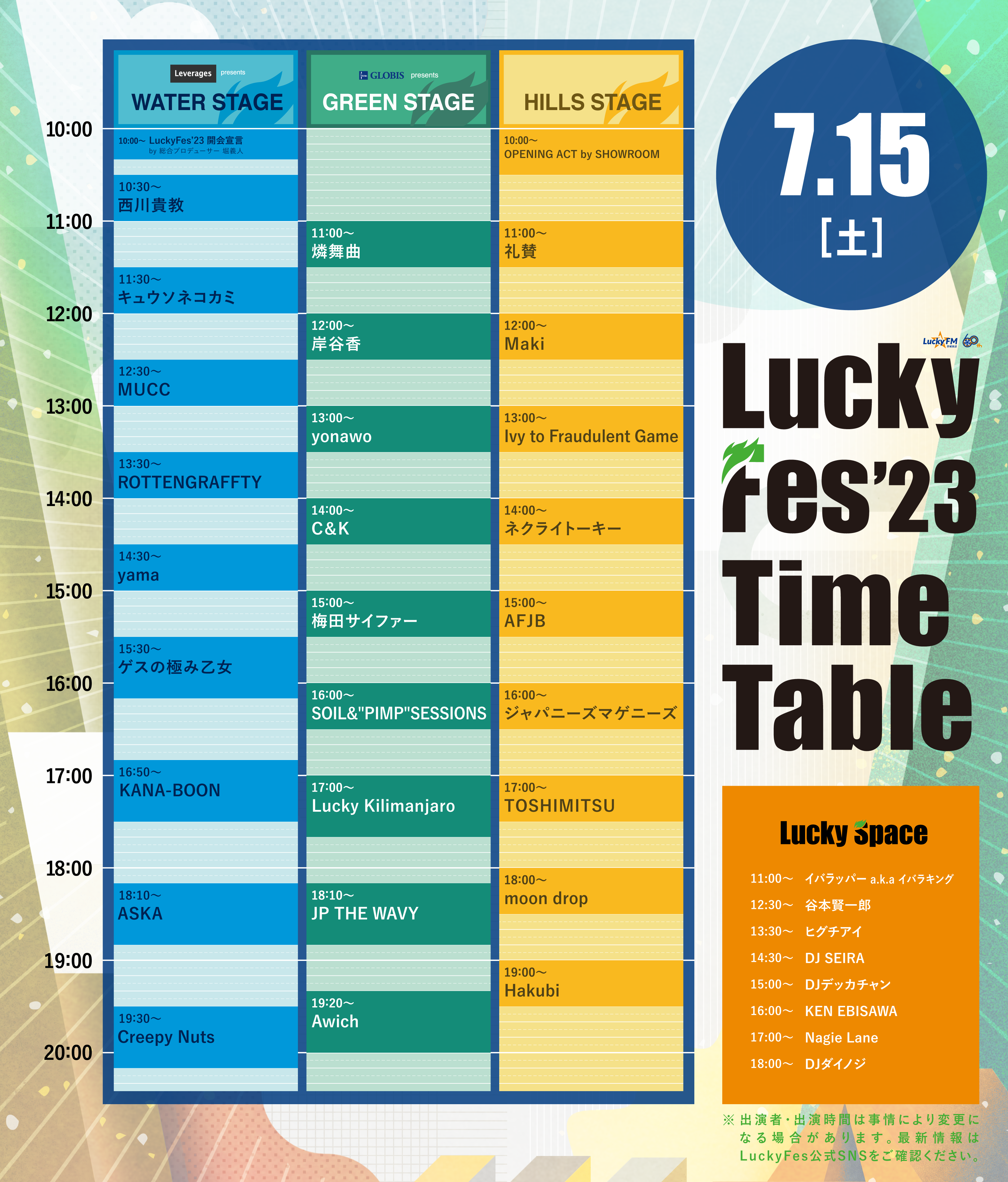 LuckyFes、タイムテーブルを発表！100組を超える大規模フェスへ！初日 